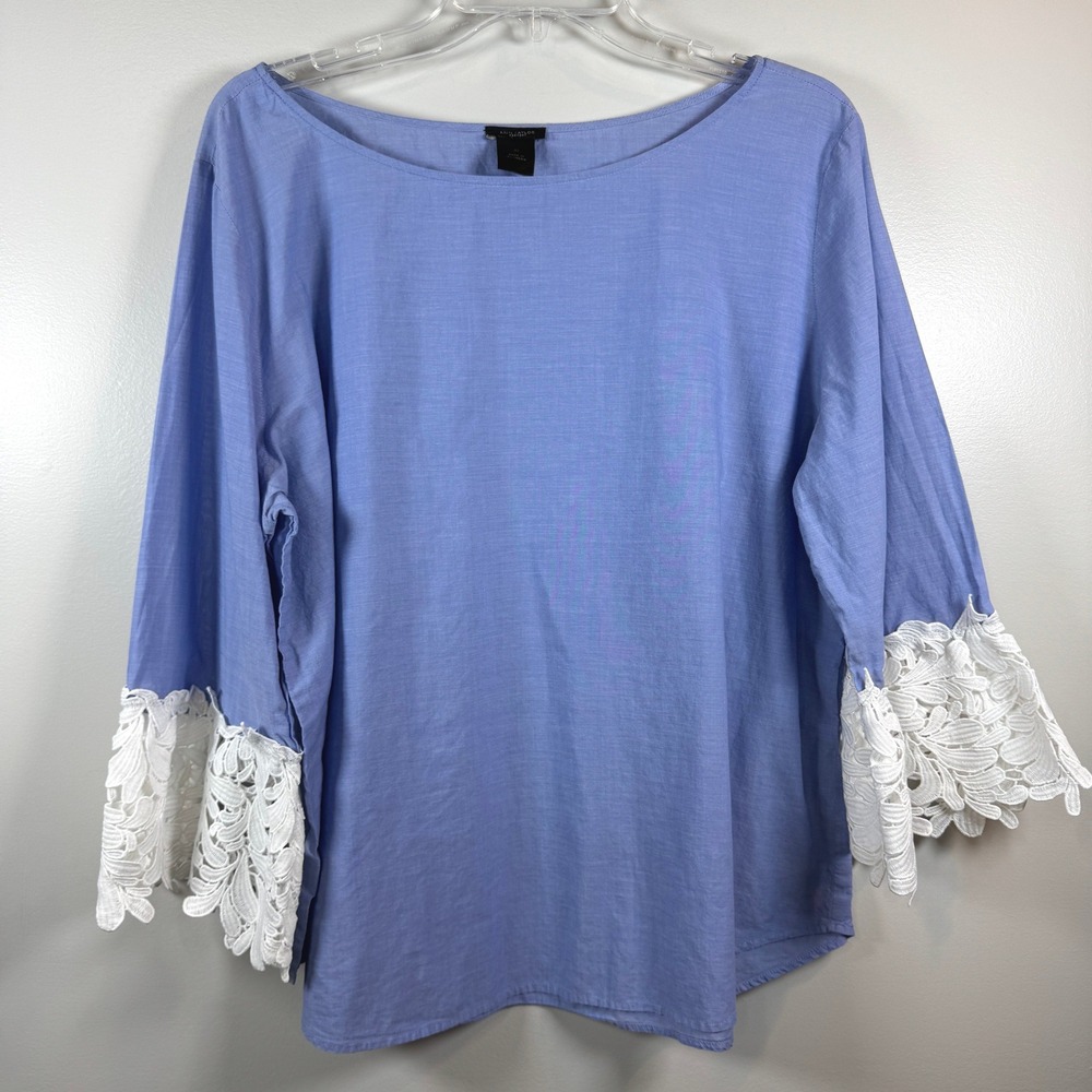 Ann Taylor Cotton Blouse Lace Trim 3/4 Length Sleeve Womens XL Office Casual